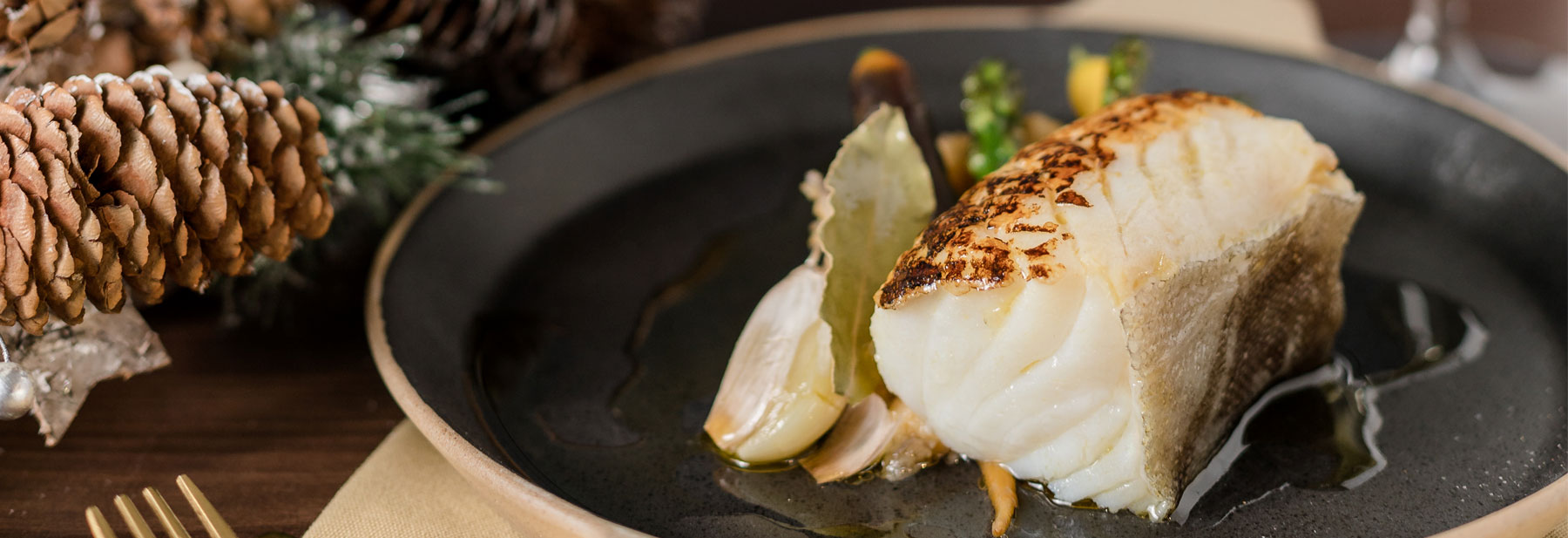 Lombo de bacalhau grelhado com esmagada de grão